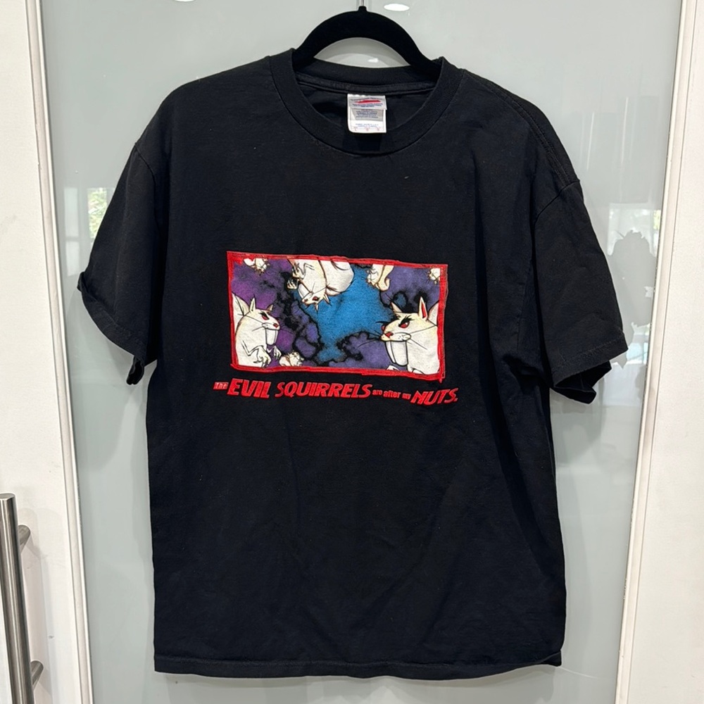 The Evil Squirrel Are After My Nuts Black Graphic Cotton T-Shirt Men's Large